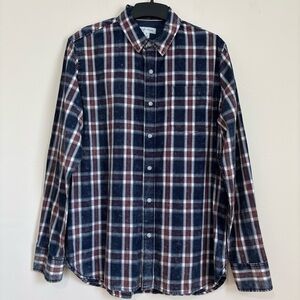 Sun + Stone Nave Brown White Plaid Button Up Cotton Long-Sleeve Causal Shirt M